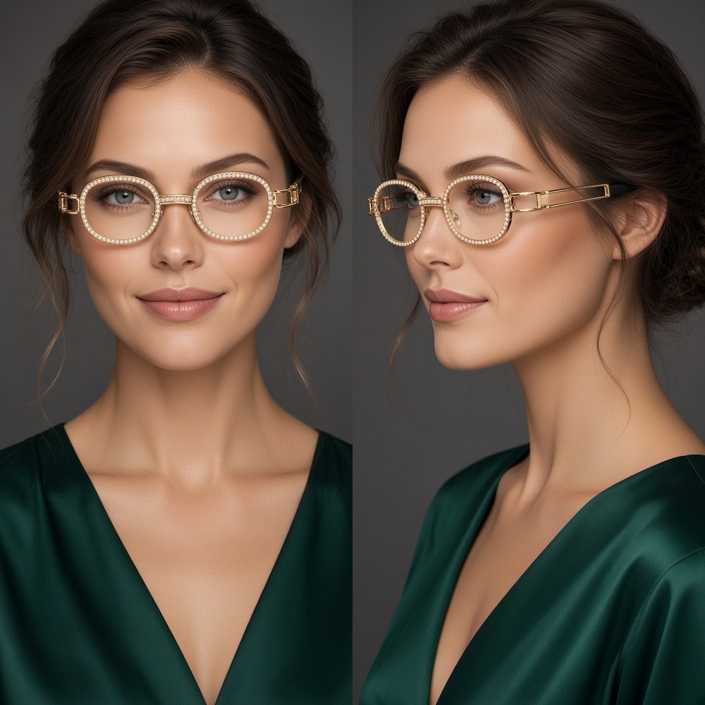 Rhinestone Round Glasses Gold Frame Fashion Eyewear Women's Trendy Luxury Trendy